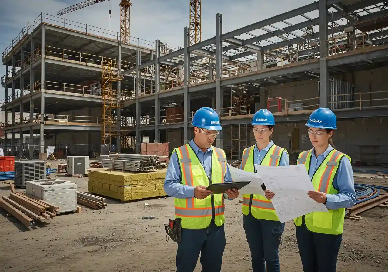 Commercial building blueprint with tools, representing cost estimation.