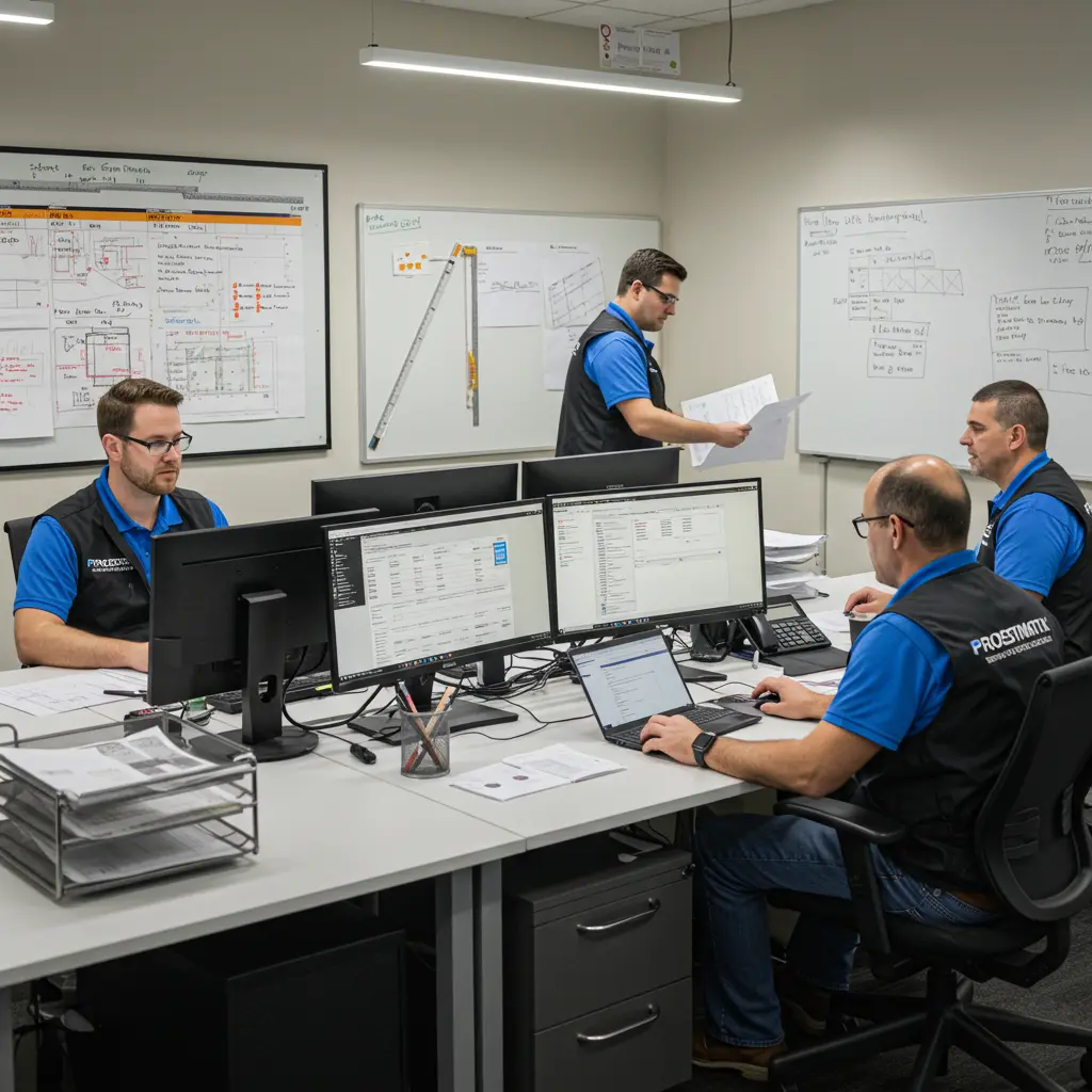 Estimators creating tailored construction bids for a client project.
