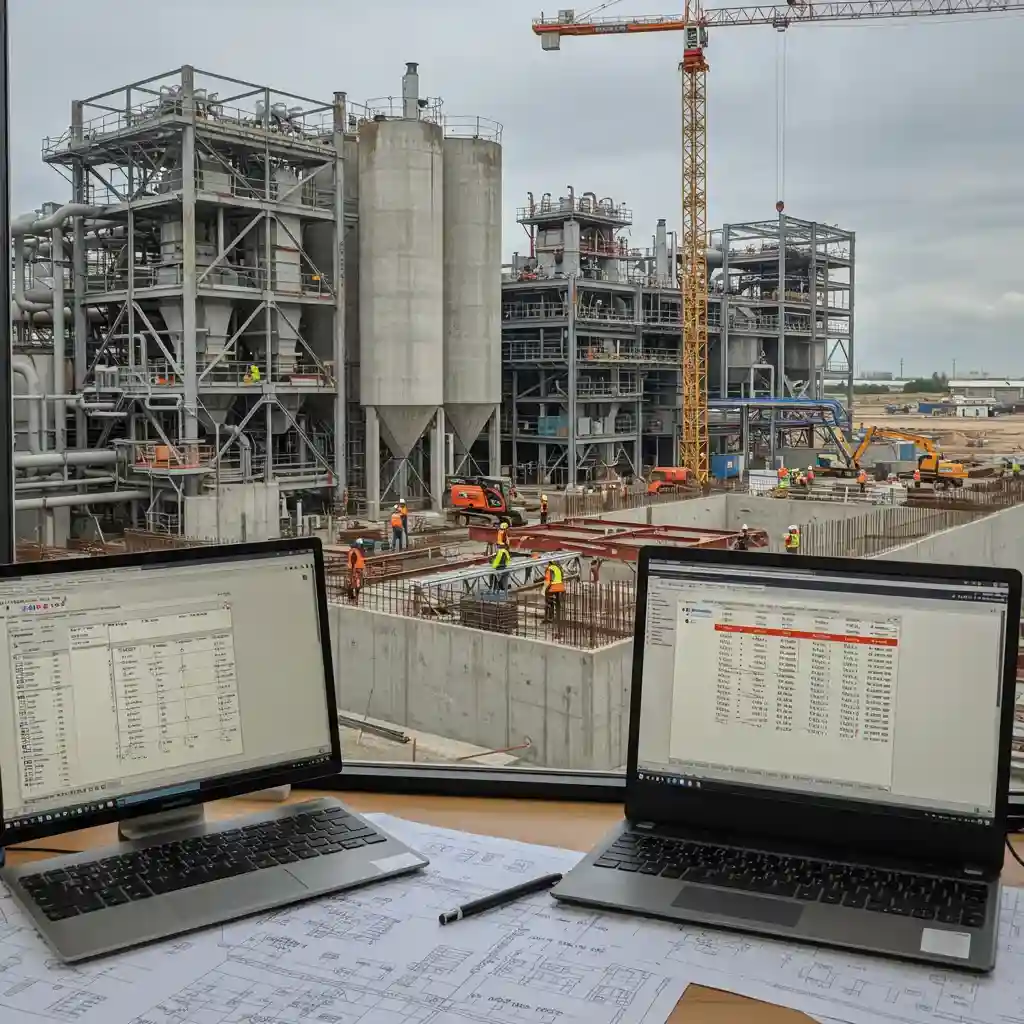 Project estimator reviewing factory plans