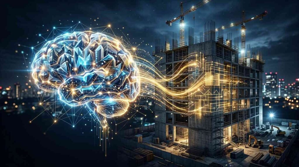 AI-powered digital brain connected to a construction site, representing artificial intelligence in construction estimating