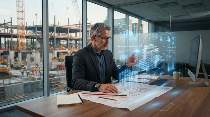 Will AI replace construction estimators? Experienced construction estimator using AI-powered estimating software and digital blueprints in a modern preconstruction office.