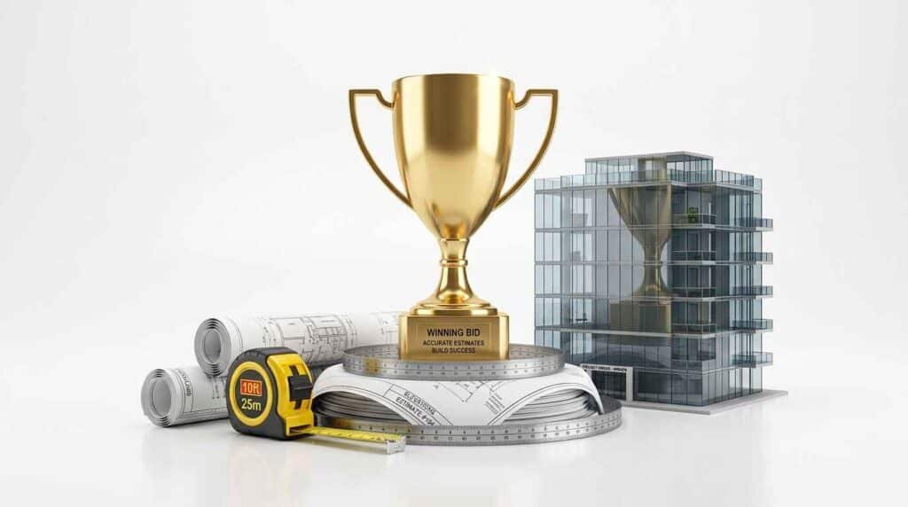 Win more construction bids with accurate estimates trophy and blueprints