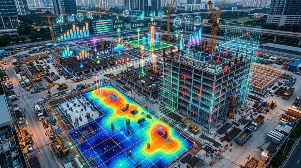 Construction site with AI data overlays showing cost analytics, BIM models, and heat maps for smart estimating