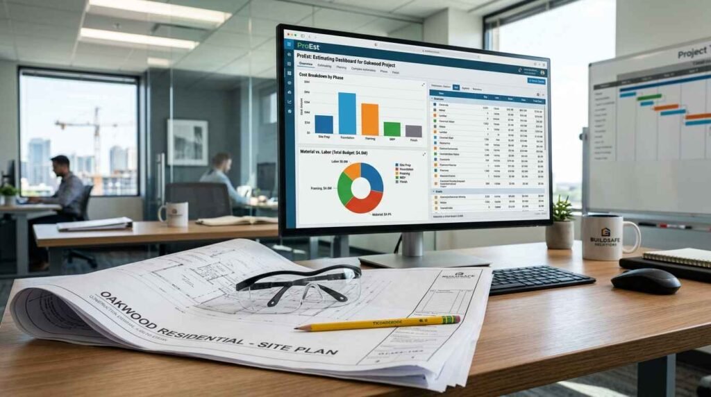 Construction estimating mistakes prevention dashboard with cost breakdown and site plans