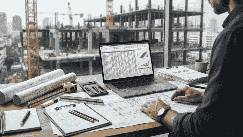 What is construction estimating workspace with blueprints, quantity takeoff documents, calculator, and construction plans