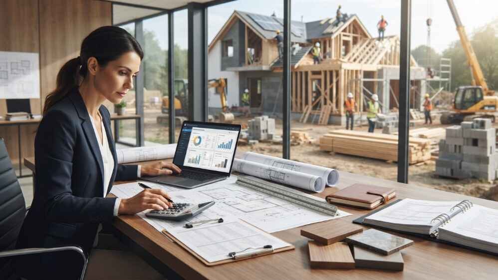 Residential construction estimating for a new home project using blueprints, quantity takeoffs, cost analysis, and budget planning.