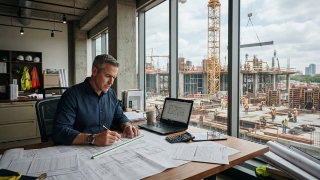 Construction Cost Estimation showing an estimator reviewing building plans and project costs at a construction site