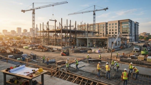 What is general construction explained through a contractor reviewing building plans, project scope, and construction services on an active job site.