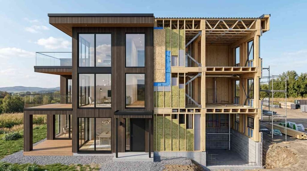 Modern building construction site with advanced materials and methods