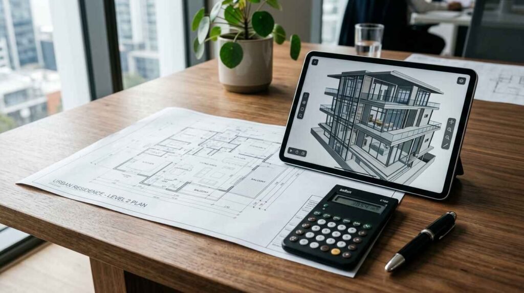 Commercial construction estimating workspace with blueprint, calculator, and 3D building model