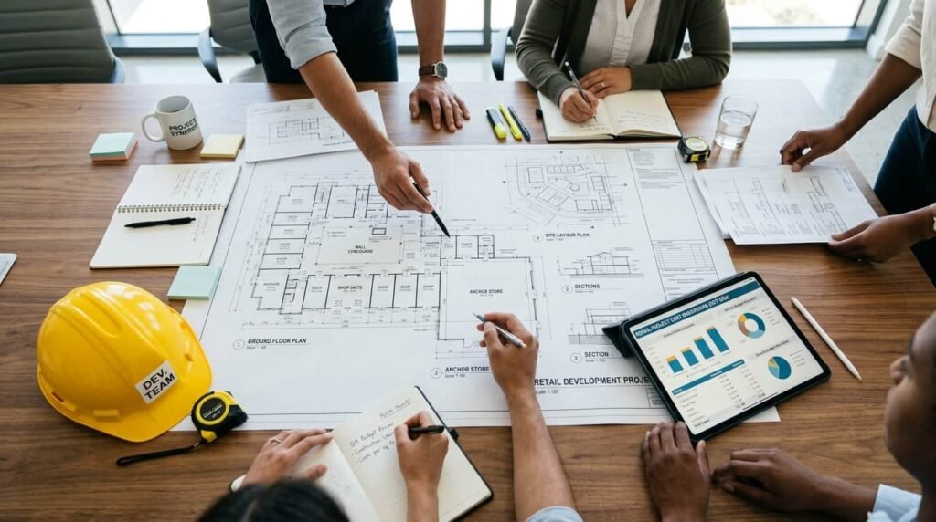 Commercial construction estimator reviewing building blueprints and project plans