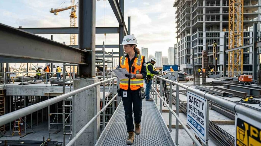 Commercial construction site inspection with engineer reviewing structural progress and safety