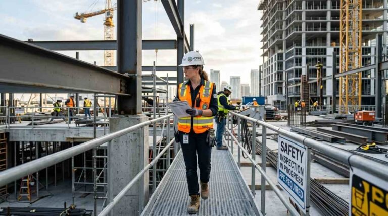 Commercial construction site inspection with engineer reviewing structural progress and safety