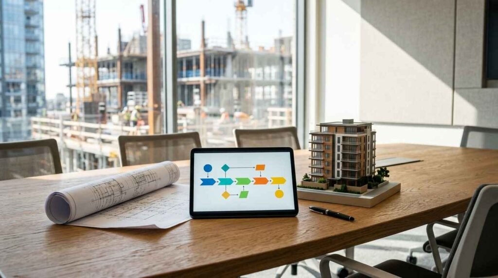 Construction project manager reviewing building plans with engineers at an active construction site