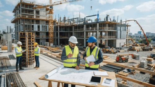 Construction managers using proven cost control methods in construction while reviewing project estimates and site operations.