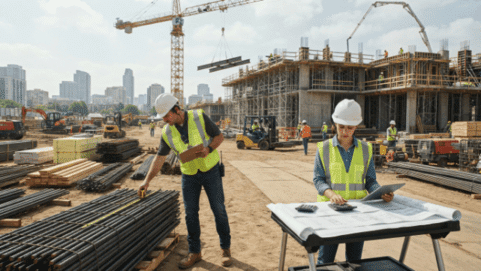 Site engineers inspecting materials and project progress to show how to control costs on a construction site.