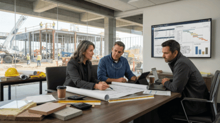 Construction estimating consultants discussing project costs and quantity takeoffs.