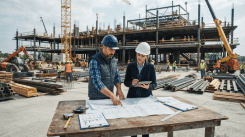 Construction project manager reviewing budgets and site progress to improve construction cost control on a commercial building project.
