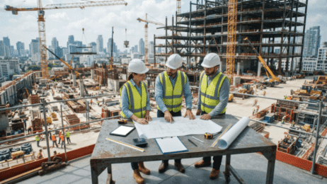 Construction managers reviewing budgets and project schedules to improve cost control in construction management.
