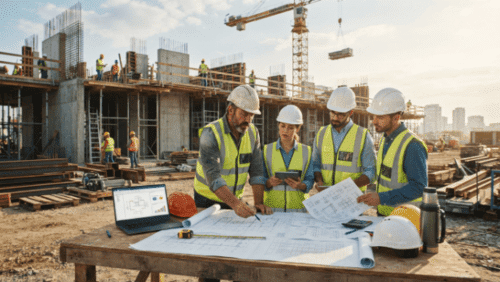 Engineers discussing budgets and project plans to demonstrate what is cost control in construction at an active commercial job site.